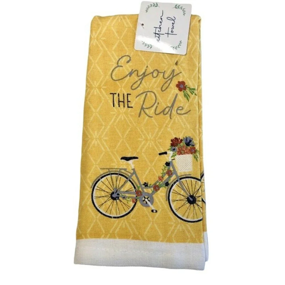 Bicycle Bike Kitchen Dish Towels Enjoy the Ride Yellow Spring Summer Set of 2